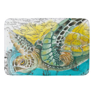 Sea Turtle Watercolor Vintage Map white Bath Mat