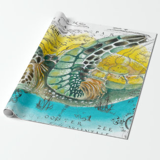 Sea Turtle Watercolor Vintage Map white Wrapping Paper