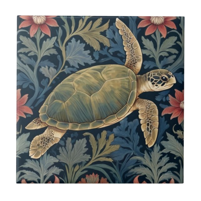 Sea Turtle William Morris style Hawaii Marine Life Tile (Front)