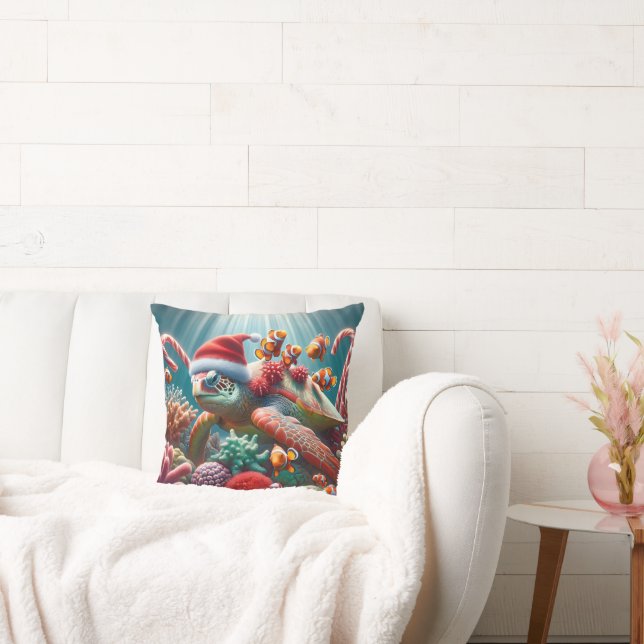 Sea Turtle With Christmas Santa Hat Throw Pillow (Couch)