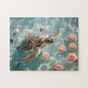 Sea Turtle with Pink Roses Jigsaw Puzzle
