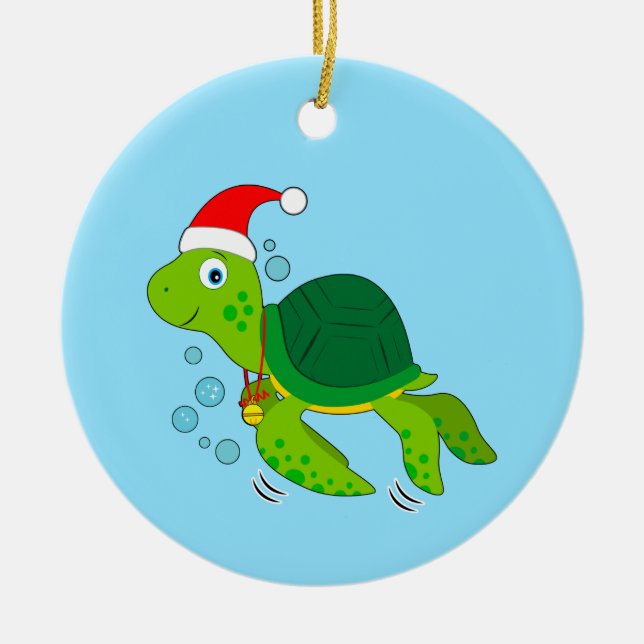Sea Turtle with Santa Hat Ceramic Ornament (Front)
