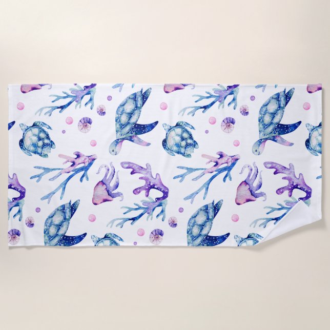 Sea turtles and corals pattern beach towel (Front)