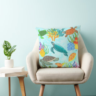 Sea Turtles And Corals Under The Ocean  Throw Pillow