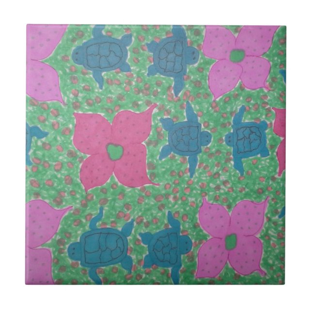Sea Turtles and Flowers Tropical Art Tile (Front)
