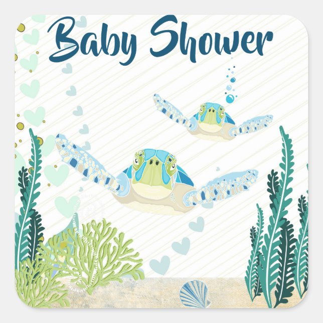 Sea Turtles and Hearts Beach Baby Shower Square Sticker (Front)
