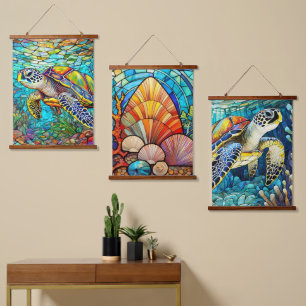 Sea turtles and seashells art set hanging tapestry