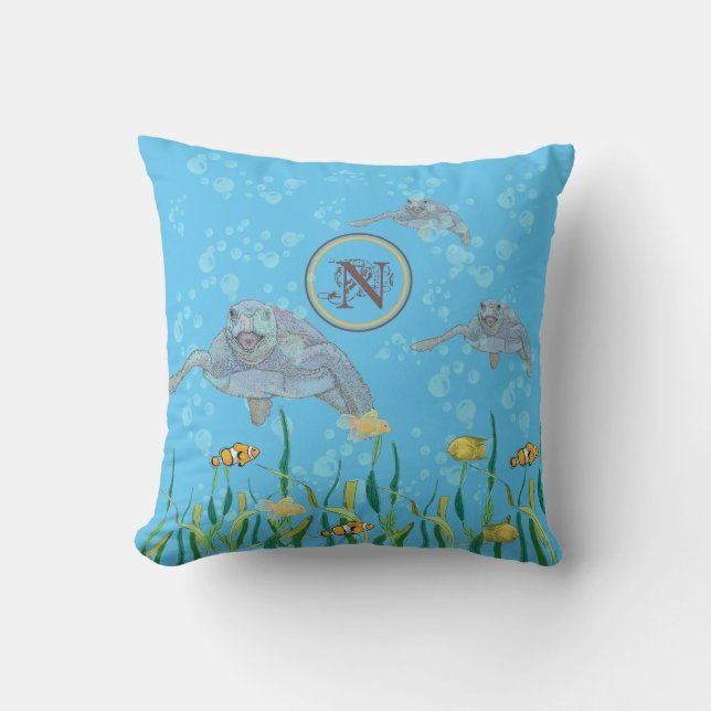 Sea Turtles and Tropical Fish Bubbles Personalize Throw Pillow (Front)