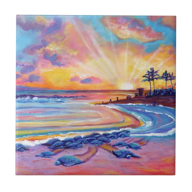 Sea Turtles at Poipu Beach Sunset Tile (Front)