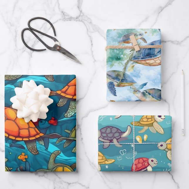 Sea Turtles At Sea Wrapping Paper Sheet (Front)