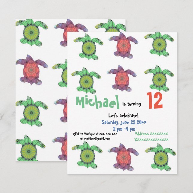 Sea turtles, birthday party invitation (Front/Back)