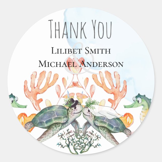 Sea Turtles Bride and Groom Kissing Wedding Favour Classic Round Sticker (Front)