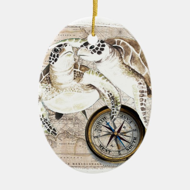 Sea Turtles Compass Map Ceramic Ornament (Front)