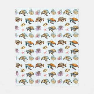 Sea Turtles, Coral Fish Marine Life Blue  Fleece Blanket