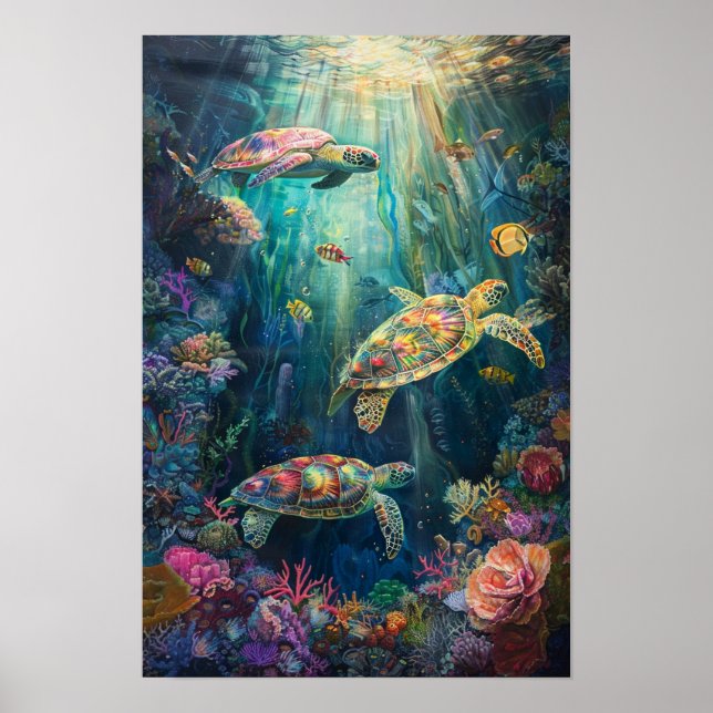 Sea Turtles & Coral Reef: Oceanic Fantasy Art Poster (Front)