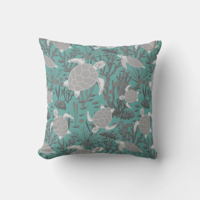 Sea Turtles Grey Blue Throw Pillow (Front)