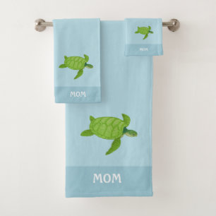 Sea turtles on teal mint green bath towel set