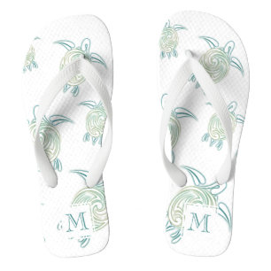 Sea Turtles Pattern White Green Monogram Flip Flops