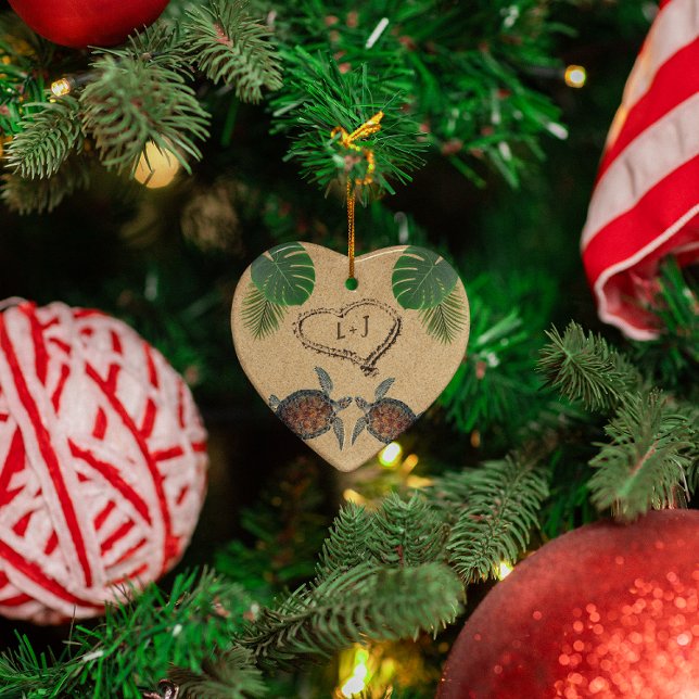 Sea Turtles Sand Heart and Palms Personalized Ornament (Creator Uploaded)
