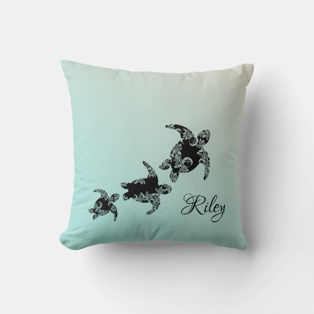 Sea Turtles Silhouette with Name Throw Pillow (Front)