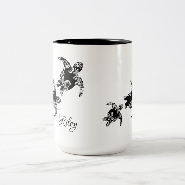 Sea Turtles silhouette with Name Two-Tone Coffee Mug (Center)
