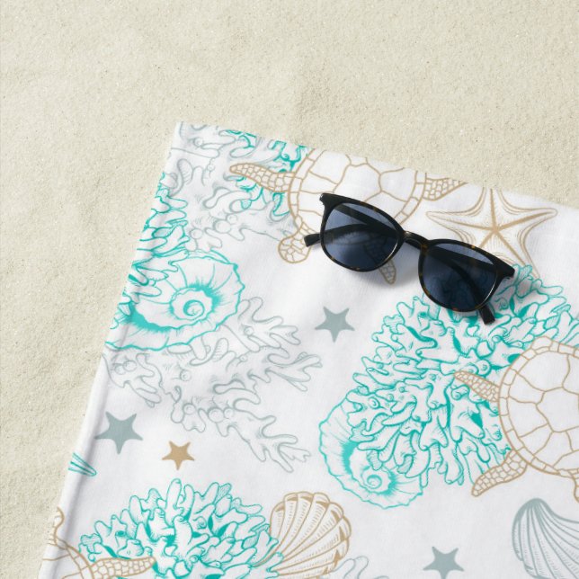 Sea Turtles Starfish Shell Coral And Marines Beach Towel (In Situ)