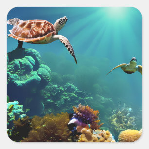 Sea Turtles Swimming Underwater  Square Sticker