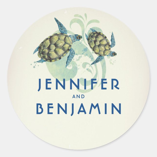 Sea Turtles Tropical Seaside Wedding Classic Round Sticker (Front)