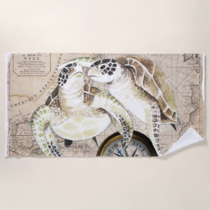 Sea Turtles Vintage Watercolor Collage Art Beach Towel