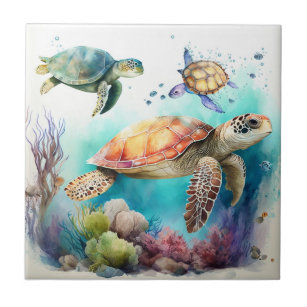 Sea Turtles, Watercolor , Coral Reef Ceramic Tile