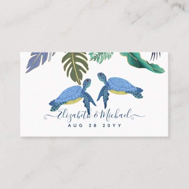 Sea Turtles Wedding Blue Yellow Business Card (Front)