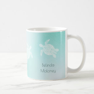 Sea Turtles White Turquoise Personalize Coffee Mug