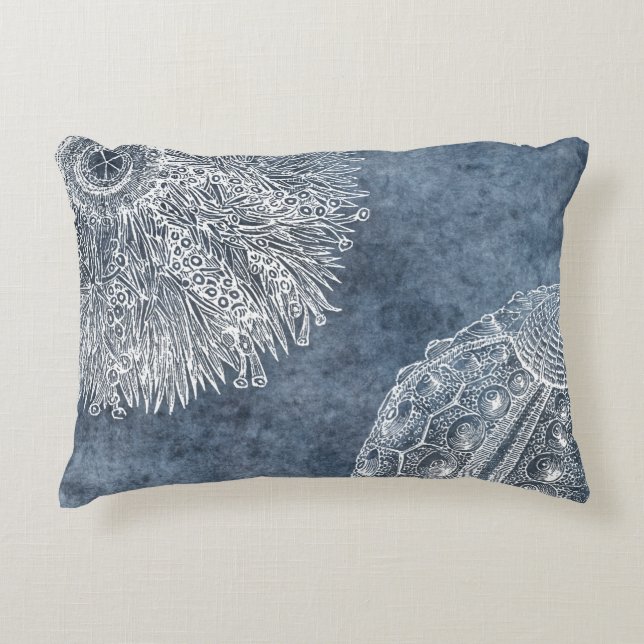 Sea Urchin Watercolor Ocean Navy Blue White Accent Pillow (Front)