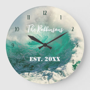 Sea wave personalized family name large clock