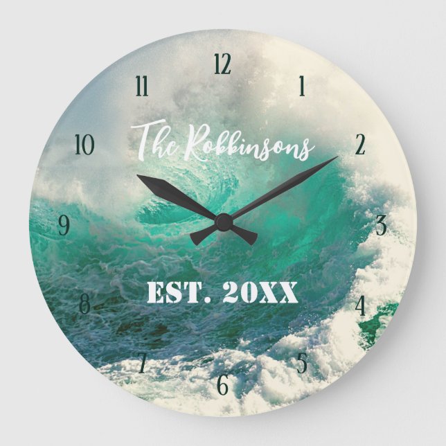 Sea wave personalized family name large clock (Front)