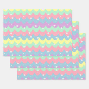 Sea Waves Pastel Colour Rainbow Silver Stars Girly Wrapping Paper Sheet