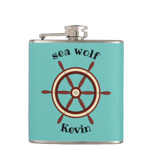 "SEA WOLF" ,steering wheel, personalized Hip Flask