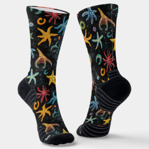 Sea Worms & Stars Chalk Drawing Pattern Black Socks