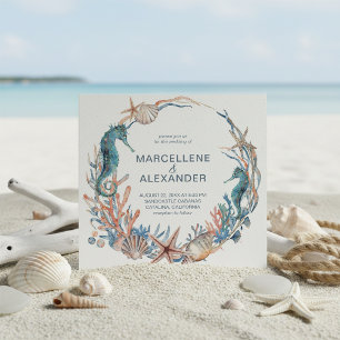 Sea Wreath   Seahorse and Shells Beach Wedding Invitation