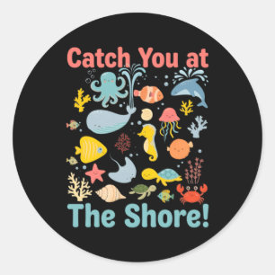 Sea Ya At The Beach Cute Ocean Animals Pun Classic Round Sticker