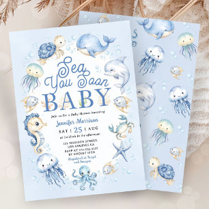 Sea You Soon Baby Shower Boy Blue Ocean Animals Invitation