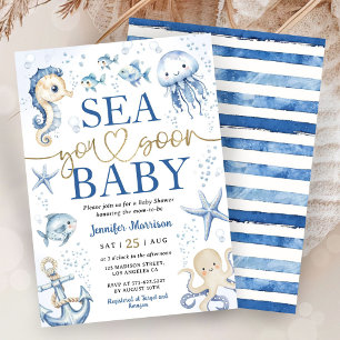 Sea You Soon Baby Shower Boy Navy Blue Ocean Invitation