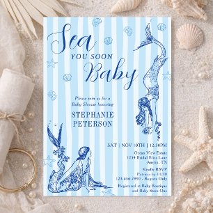 Sea You Soon Baby Vintage Mermaid Blue Baby Shower Invitation