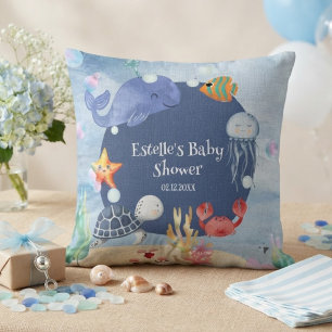 Sea You Soon cute blue baby boy sea ocean animals Throw Pillow