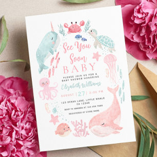 Sea You Soon Cute Ocean Animals Girl Baby Shower Invitation