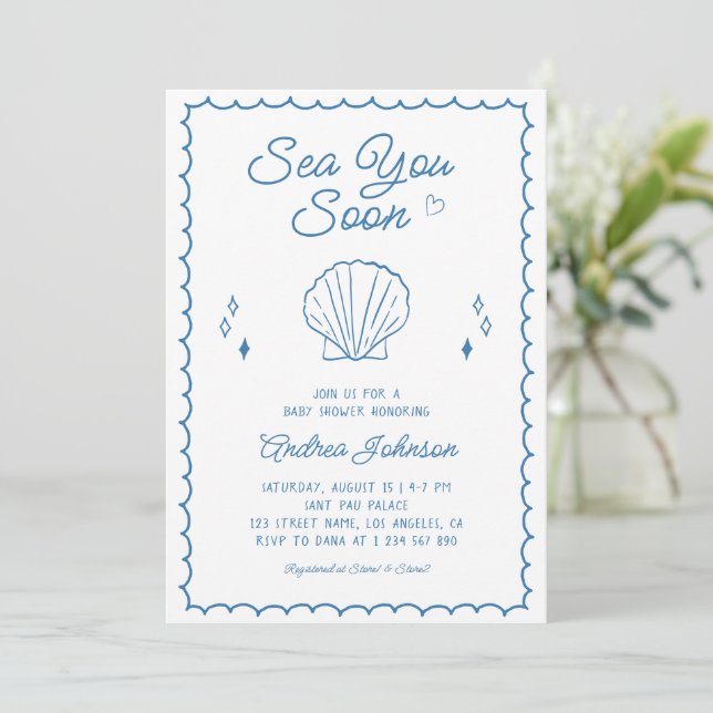 Sea You Soon Hand Drawn Ocean Seashell Baby Shower Invitation (Standing Front)
