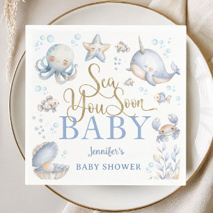 Sea You Soon Ocean Baby Shower Boy Blue Paper Napkin
