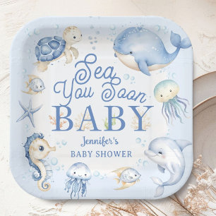 Sea You Soon Ocean Baby Shower Boy Blue  Paper Plate
