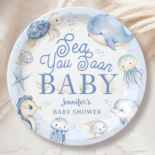 Sea You Soon Ocean Baby Shower Boy Blue Paper Plate