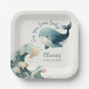 Sea You Soon Ocean Whale Teal Ivory Baby Shower Paper Plate